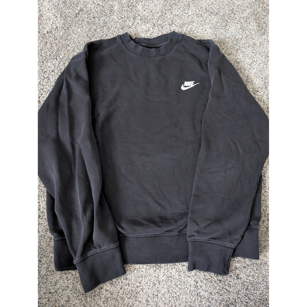 Nike Mens Sportswear Club Fleece Crewneck Sweatshirt Black White Logo‎ Medium